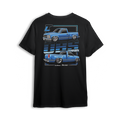 OBS Fever t-shirt featuring a vibrant blue slammed OBS single cab with polished wheels and a tucked stance. Dual-side views and bold OBS Fever text give this t-shirt a loud, clean look made for die-hard OBS fans.