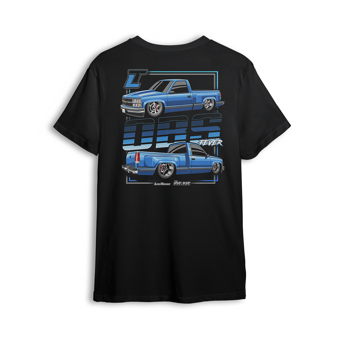OBS Fever t-shirt featuring a vibrant blue slammed OBS single cab with polished wheels and a tucked stance. Dual-side views and bold OBS Fever text give this t-shirt a loud, clean look made for die-hard OBS fans.