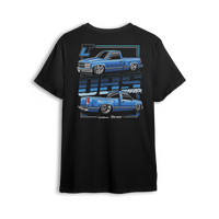 OBS Fever t-shirt featuring a vibrant blue slammed OBS single cab with polished wheels and a tucked stance. Dual-side views and bold OBS Fever text give this t-shirt a loud, clean look made for die-hard OBS fans.