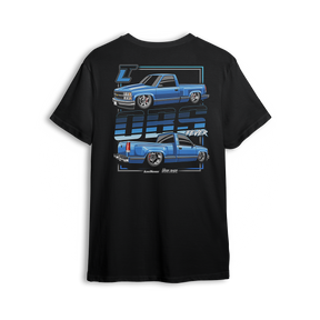 OBS Fever t-shirt featuring a vibrant blue slammed OBS single cab with polished wheels and a tucked stance. Dual-side views and bold OBS Fever text give this t-shirt a loud, clean look made for die-hard OBS fans.