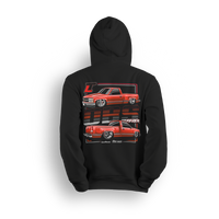 OBS Fever hoodie featuring a vibrant red slammed OBS single cab with polished wheels and a tucked stance. Dual-side views and bold OBS Fever text give this hoodie a loud, clean look made for die-hard OBS fans.