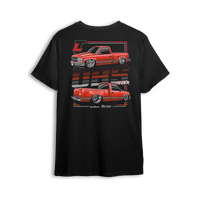 OBS Fever t-shirt featuring a vibrant red slammed OBS single cab with polished wheels and a tucked stance. Dual-side views and bold OBS Fever text give this t-shirt a loud, clean look made for die-hard OBS fans.