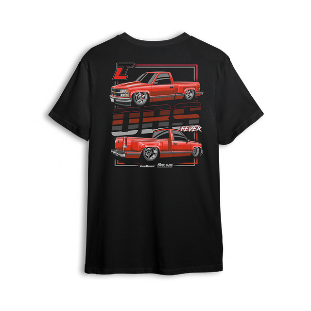 OBS Fever t-shirt featuring a vibrant red slammed OBS single cab with polished wheels and a tucked stance. Dual-side views and bold OBS Fever text give this t-shirt a loud, clean look made for die-hard OBS fans.