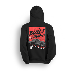 Hoodie featuring a fully dropped black Chevy Silverado with tucked wheels and bold “Built Not Bought” lettering across a red backdrop. This hoodie honors hands-on builders, late-night wrenchers, and the self-made hustle behind every custom ride.