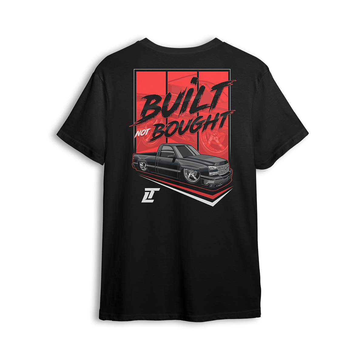 T-shirt featuring a fully dropped black Chevy Silverado with tucked wheels and bold “Built Not Bought” lettering across a red backdrop. This t-shirt honors hands-on builders, late-night wrenchers, and the self-made hustle behind every custom ride.