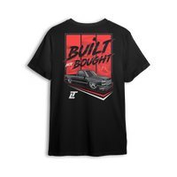 T-shirt featuring a fully dropped black Chevy Silverado with tucked wheels and bold “Built Not Bought” lettering across a red backdrop. This t-shirt honors hands-on builders, late-night wrenchers, and the self-made hustle behind every custom ride.