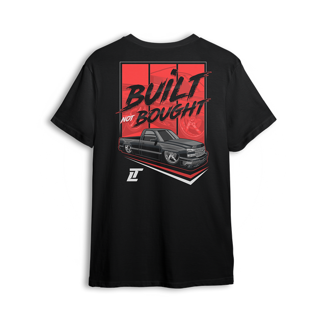 T-shirt featuring a fully dropped black Chevy Silverado with tucked wheels and bold “Built Not Bought” lettering across a red backdrop. This t-shirt honors hands-on builders, late-night wrenchers, and the self-made hustle behind every custom ride.