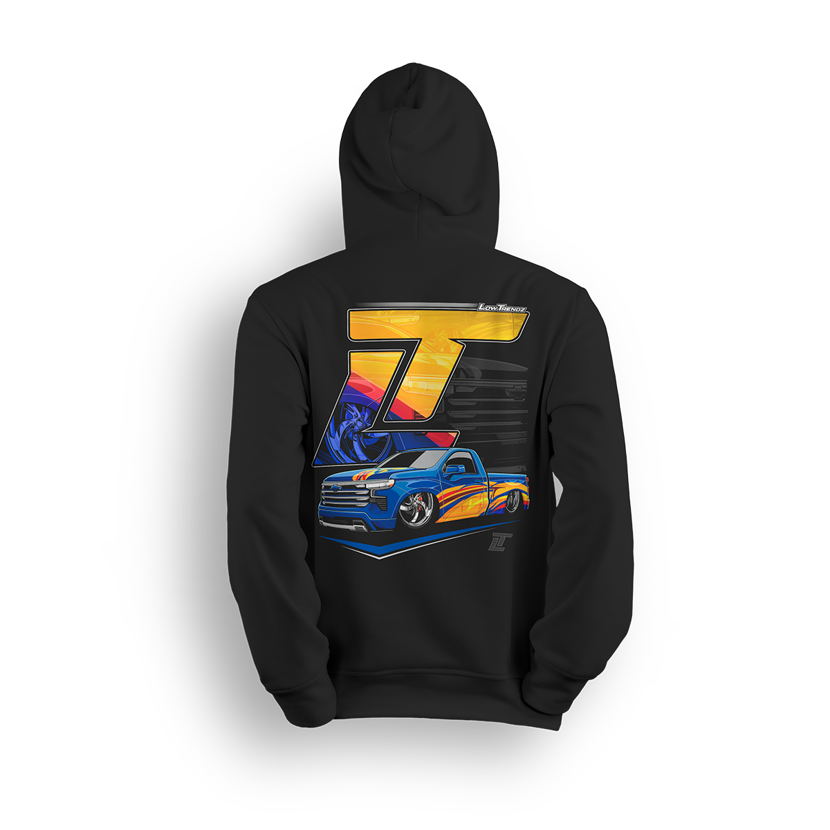 Hoodie featuring Ivan Zavala’s slammed 2020 Silverado with 30-inch wheels, shaved bed, comic-graffiti paint, and Lambo-orange interior. Set under a bold LT badge, the Covid 20 Silverado hoodie celebrates a wild, award-winning build that took Best Paint at Bandas y Trocas.