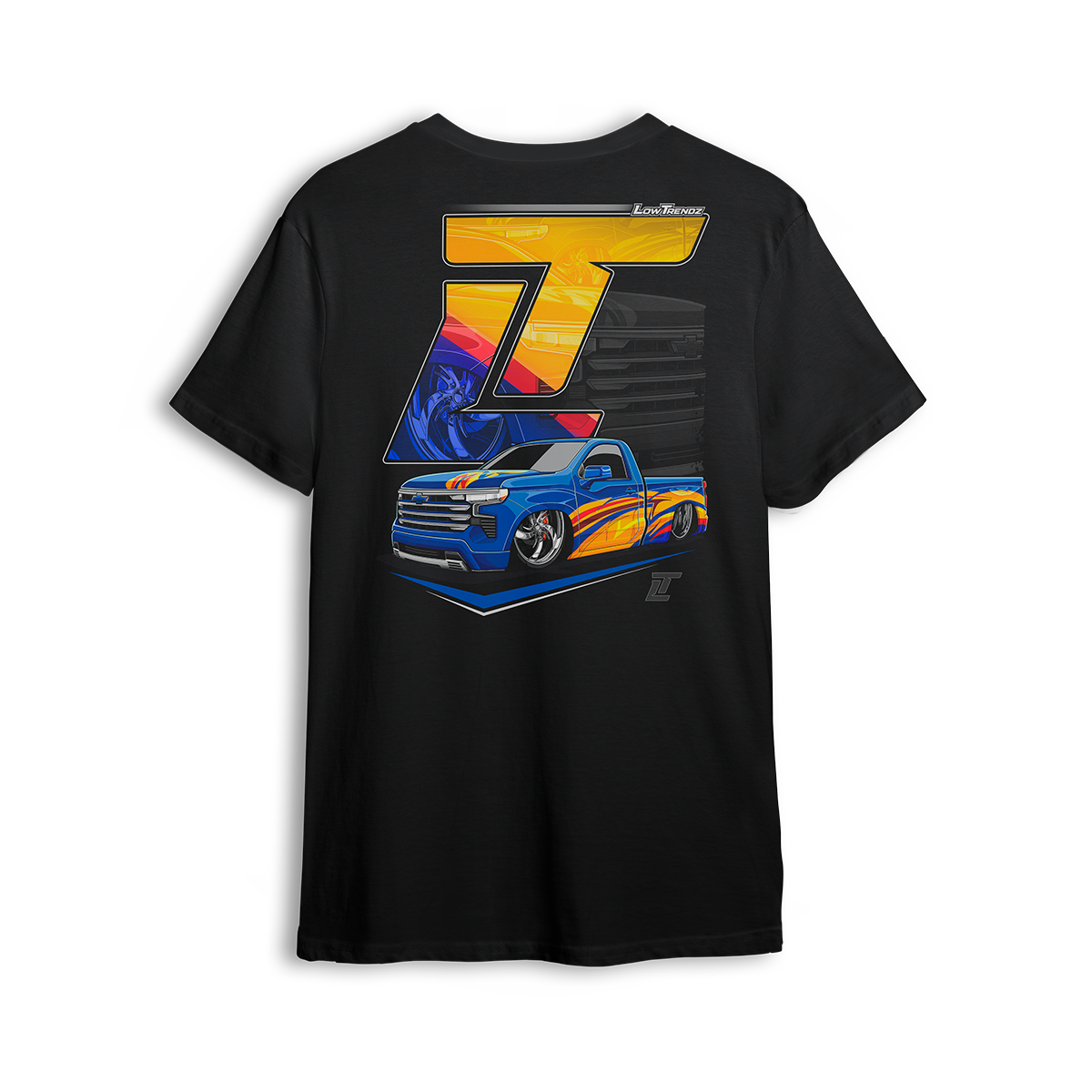 T-shirt featuring Ivan Zavala’s slammed 2020 Silverado with 30-inch wheels, shaved bed, comic-graffiti paint, and Lambo-orange interior. Set under a bold LT badge, the Covid 20 Silverado t-shirt celebrates a wild, award-winning build that took Best Paint at Bandas y Trocas.