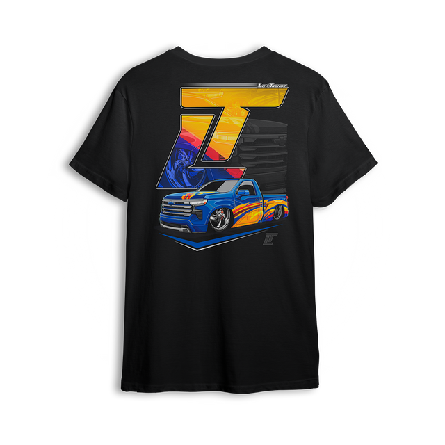T-shirt featuring Ivan Zavala’s slammed 2020 Silverado with 30-inch wheels, shaved bed, comic-graffiti paint, and Lambo-orange interior. Set under a bold LT badge, the Covid 20 Silverado t-shirt celebrates a wild, award-winning build that took Best Paint at Bandas y Trocas.