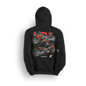 Hoodie featuring a customized GSX-R1000 with a 360-wide tire kit by Roaring Toyz, air ride suspension, and extended swingarm. Shown from front and side angles with bold orange-and-black accents, the GSX-R hoodie brings full street-bike flex and aggressive style.