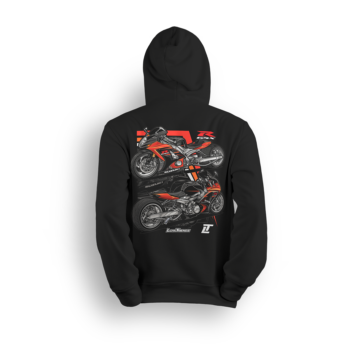Hoodie featuring a customized GSX-R1000 with a 360-wide tire kit by Roaring Toyz, air ride suspension, and extended swingarm. Shown from front and side angles with bold orange-and-black accents, the GSX-R hoodie brings full street-bike flex and aggressive style.