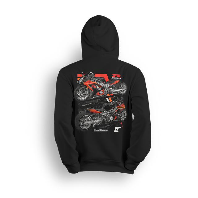 Hoodie featuring a customized GSX-R1000 with a 360-wide tire kit by Roaring Toyz, air ride suspension, and extended swingarm. Shown from front and side angles with bold orange-and-black accents, the GSX-R hoodie brings full street-bike flex and aggressive style.