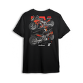 T-shirt featuring a customized GSX-R1000 with a 360-wide tire kit by Roaring Toyz, air ride suspension, and extended swingarm. Shown from front and side angles with bold orange-and-black accents, the GSX-R t-shirt brings full street-bike flex and aggressive style.