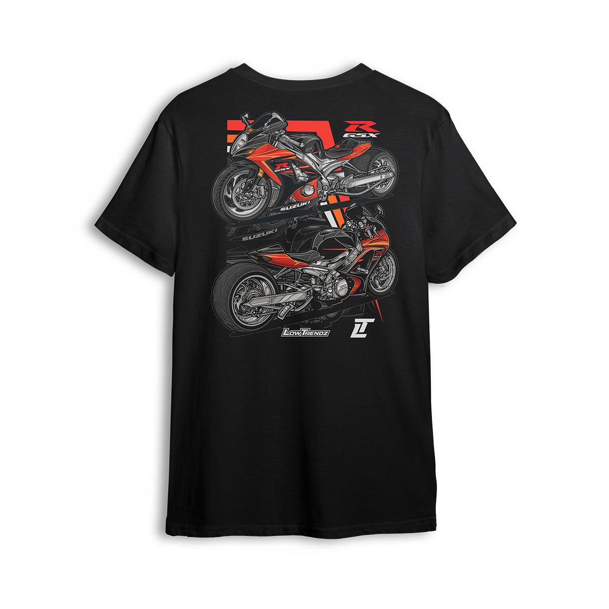 T-shirt featuring a customized GSX-R1000 with a 360-wide tire kit by Roaring Toyz, air ride suspension, and extended swingarm. Shown from front and side angles with bold orange-and-black accents, the GSX-R t-shirt brings full street-bike flex and aggressive style.