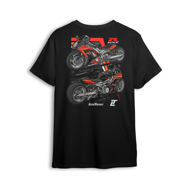 T-shirt featuring a customized GSX-R1000 with a 360-wide tire kit by Roaring Toyz, air ride suspension, and extended swingarm. Shown from front and side angles with bold orange-and-black accents, the GSX-R t-shirt brings full street-bike flex and aggressive style.
