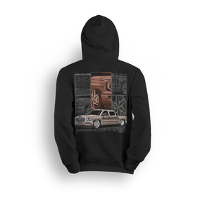 Hoodie featuring a slammed GMC Sierra in a metallic bronze finish, framed by close-up panels of the grille, wheels, and details. The Bronze Sierra hoodie combines rich color, grid layout, and clean linework for fans of refined custom builds.