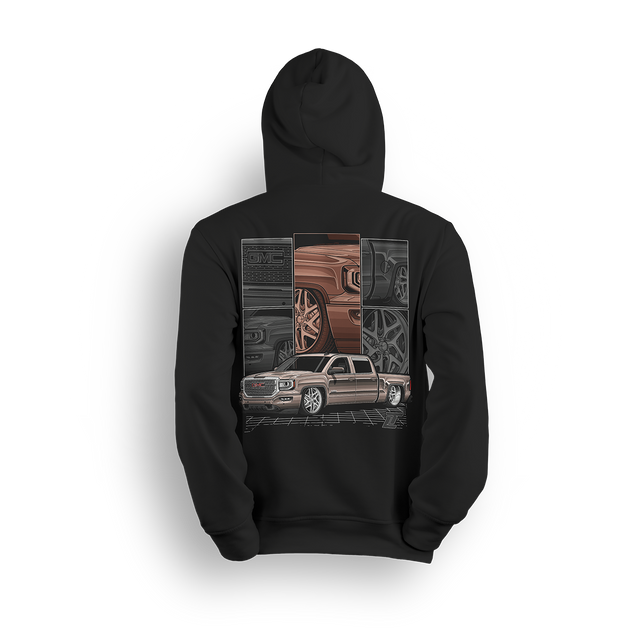 Hoodie featuring a slammed GMC Sierra in a metallic bronze finish, framed by close-up panels of the grille, wheels, and details. The Bronze Sierra hoodie combines rich color, grid layout, and clean linework for fans of refined custom builds.