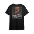 T-shirt featuring a slammed GMC Sierra in a metallic bronze finish, framed by close-up panels of the grille, wheels, and details. The Bronze Sierra t-shirt combines rich color, grid layout, and clean linework for fans of refined custom builds.