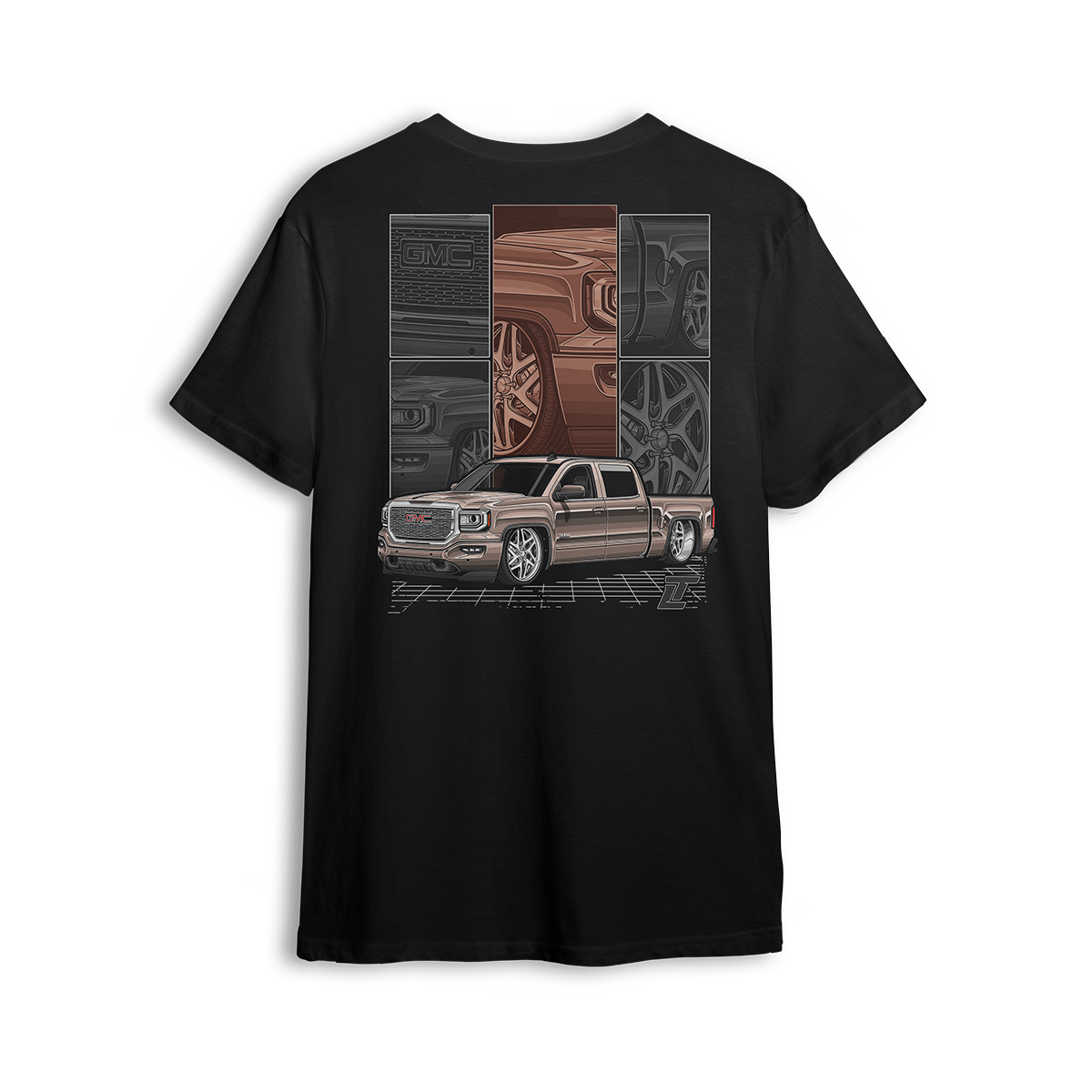 T-shirt featuring a slammed GMC Sierra in a metallic bronze finish, framed by close-up panels of the grille, wheels, and details. The Bronze Sierra t-shirt combines rich color, grid layout, and clean linework for fans of refined custom builds.