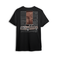 T-shirt featuring a slammed GMC Sierra in a metallic bronze finish, framed by close-up panels of the grille, wheels, and details. The Bronze Sierra t-shirt combines rich color, grid layout, and clean linework for fans of refined custom builds.