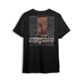 T-shirt featuring a slammed GMC Sierra in a metallic bronze finish, framed by close-up panels of the grille, wheels, and details. The Bronze Sierra t-shirt combines rich color, grid layout, and clean linework for fans of refined custom builds.
