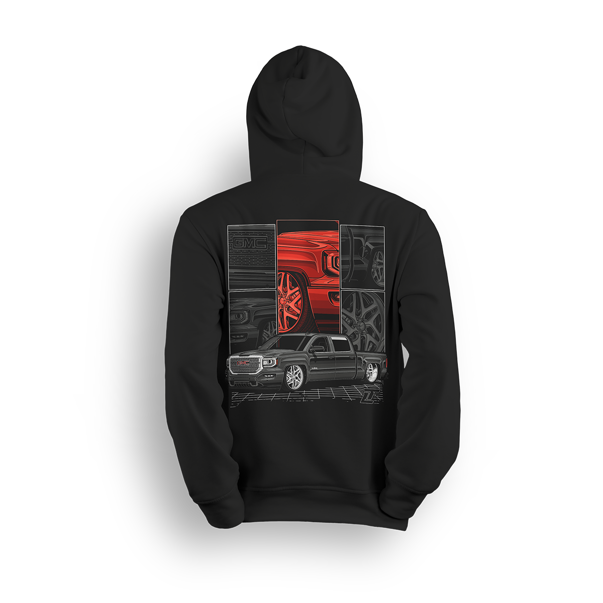 Hoodie featuring a slammed GMC Sierra displayed in a collage of close-up shots showing the grille, body lines, and wheels. Framed with a bold red accent and grid floor, this hoodie is a tribute to precision builds and custom truck style.
