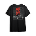 T-shirt featuring a slammed GMC Sierra displayed in a collage of close-up shots showing the grille, body lines, and wheels. Framed with a bold red accent and grid floor, this t-shirt is a tribute to precision builds and custom truck style.