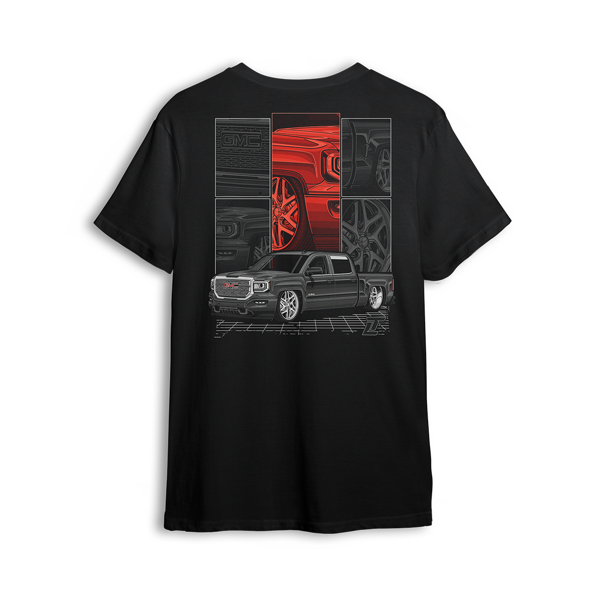T-shirt featuring a slammed GMC Sierra displayed in a collage of close-up shots showing the grille, body lines, and wheels. Framed with a bold red accent and grid floor, this t-shirt is a tribute to precision builds and custom truck style.