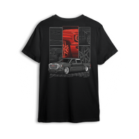 T-shirt featuring a slammed GMC Sierra displayed in a collage of close-up shots showing the grille, body lines, and wheels. Framed with a bold red accent and grid floor, this t-shirt is a tribute to precision builds and custom truck style.