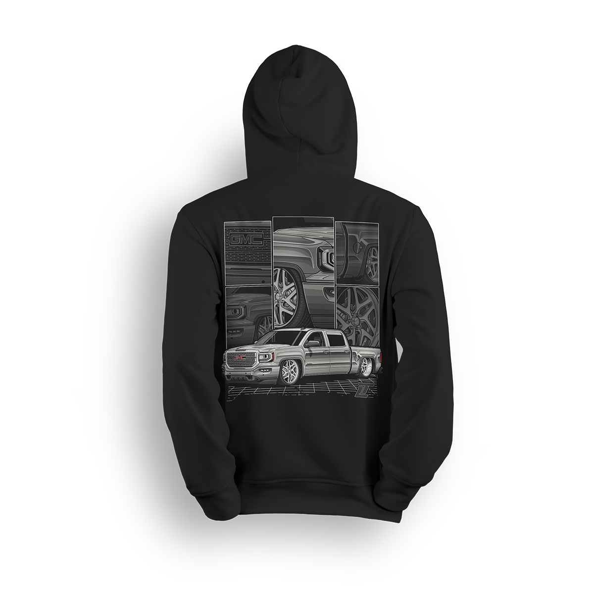 Hoodie featuring a fully customized white GMC Sierra with detailed close-ups of the grille, wheels, and body lines. Set against a modern grid and framed layout, the White Sierra hoodie celebrates clean builds and precision craftsmanship.