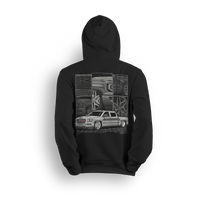 Hoodie featuring a fully customized white GMC Sierra with detailed close-ups of the grille, wheels, and body lines. Set against a modern grid and framed layout, the White Sierra hoodie celebrates clean builds and precision craftsmanship.