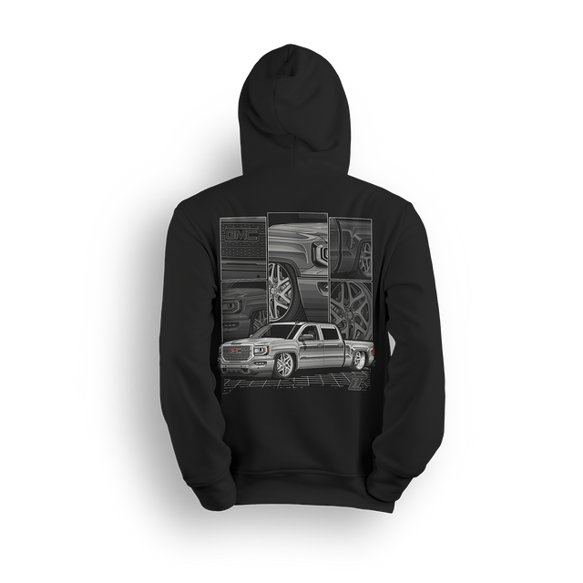 Hoodie featuring a fully customized white GMC Sierra with detailed close-ups of the grille, wheels, and body lines. Set against a modern grid and framed layout, the White Sierra hoodie celebrates clean builds and precision craftsmanship.