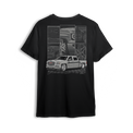 T-shirt featuring a fully customized white GMC Sierra with detailed close-ups of the grille, wheels, and body lines. Set against a modern grid and framed layout, the White Sierra t-shirt celebrates clean builds and precision craftsmanship.