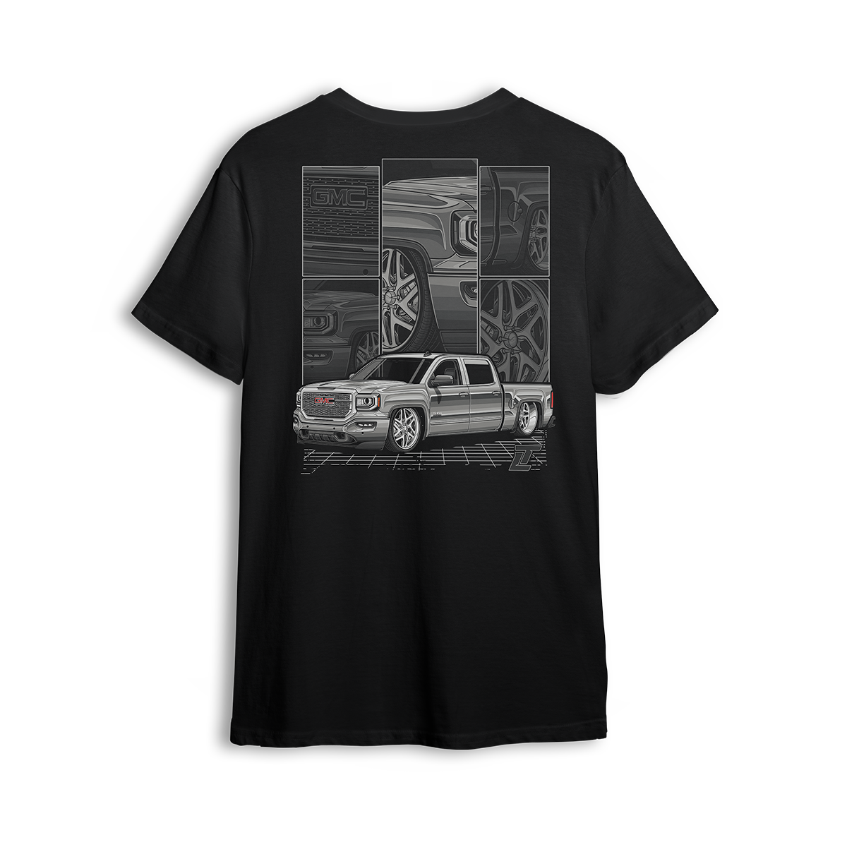 T-shirt featuring a fully customized white GMC Sierra with detailed close-ups of the grille, wheels, and body lines. Set against a modern grid and framed layout, the White Sierra t-shirt celebrates clean builds and precision craftsmanship.