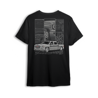 T-shirt featuring a fully customized white GMC Sierra with detailed close-ups of the grille, wheels, and body lines. Set against a modern grid and framed layout, the White Sierra t-shirt celebrates clean builds and precision craftsmanship.
