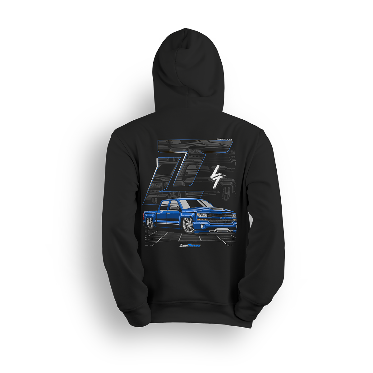 Hoodie featuring a slammed K2 Chevy Silverado crew cab with a clean blue finish, aggressive stance, and oversized LT branding. Set in a sharp grayscale layout with subtle reflections, the K2 Slammed hoodie delivers pure street style for clean build enthusiasts.