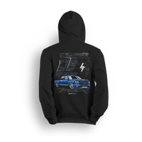 Hoodie featuring a slammed K2 Chevy Silverado crew cab with a clean blue finish, aggressive stance, and oversized LT branding. Set in a sharp grayscale layout with subtle reflections, the K2 Slammed hoodie delivers pure street style for clean build enthusiasts.