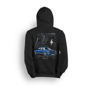 Hoodie featuring a slammed K2 Chevy Silverado crew cab with a clean blue finish, aggressive stance, and oversized LT branding. Set in a sharp grayscale layout with subtle reflections, the K2 Slammed hoodie delivers pure street style for clean build enthusiasts.