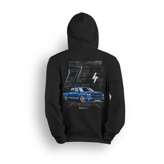 Hoodie featuring a slammed K2 Chevy Silverado crew cab with a clean blue finish, aggressive stance, and oversized LT branding. Set in a sharp grayscale layout with subtle reflections, the K2 Slammed hoodie delivers pure street style for clean build enthusiasts.