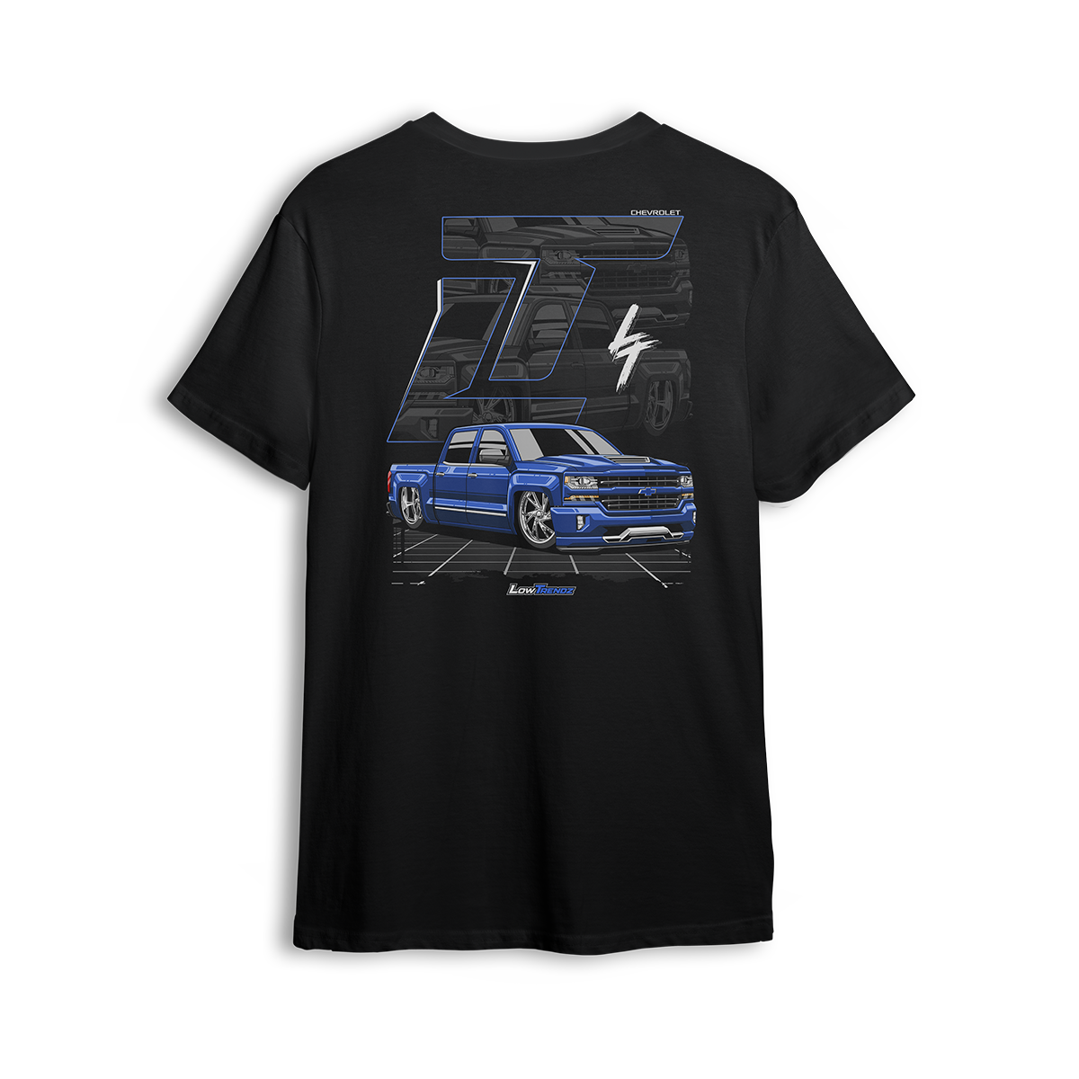 T-shirt featuring a slammed K2 Chevy Silverado crew cab with a clean blue finish, aggressive stance, and oversized LT branding. Set in a sharp grayscale layout with subtle reflections, the K2 Slammed t-shirt delivers pure street style for clean build enthusiasts.