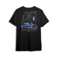 T-shirt featuring a slammed K2 Chevy Silverado crew cab with a clean blue finish, aggressive stance, and oversized LT branding. Set in a sharp grayscale layout with subtle reflections, the K2 Slammed t-shirt delivers pure street style for clean build enthusiasts.