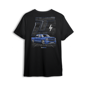 T-shirt featuring a slammed K2 Chevy Silverado crew cab with a clean blue finish, aggressive stance, and oversized LT branding. Set in a sharp grayscale layout with subtle reflections, the K2 Slammed t-shirt delivers pure street style for clean build enthusiasts.