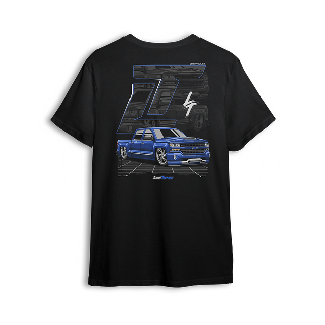 T-shirt featuring a slammed K2 Chevy Silverado crew cab with a clean blue finish, aggressive stance, and oversized LT branding. Set in a sharp grayscale layout with subtle reflections, the K2 Slammed t-shirt delivers pure street style for clean build enthusiasts.