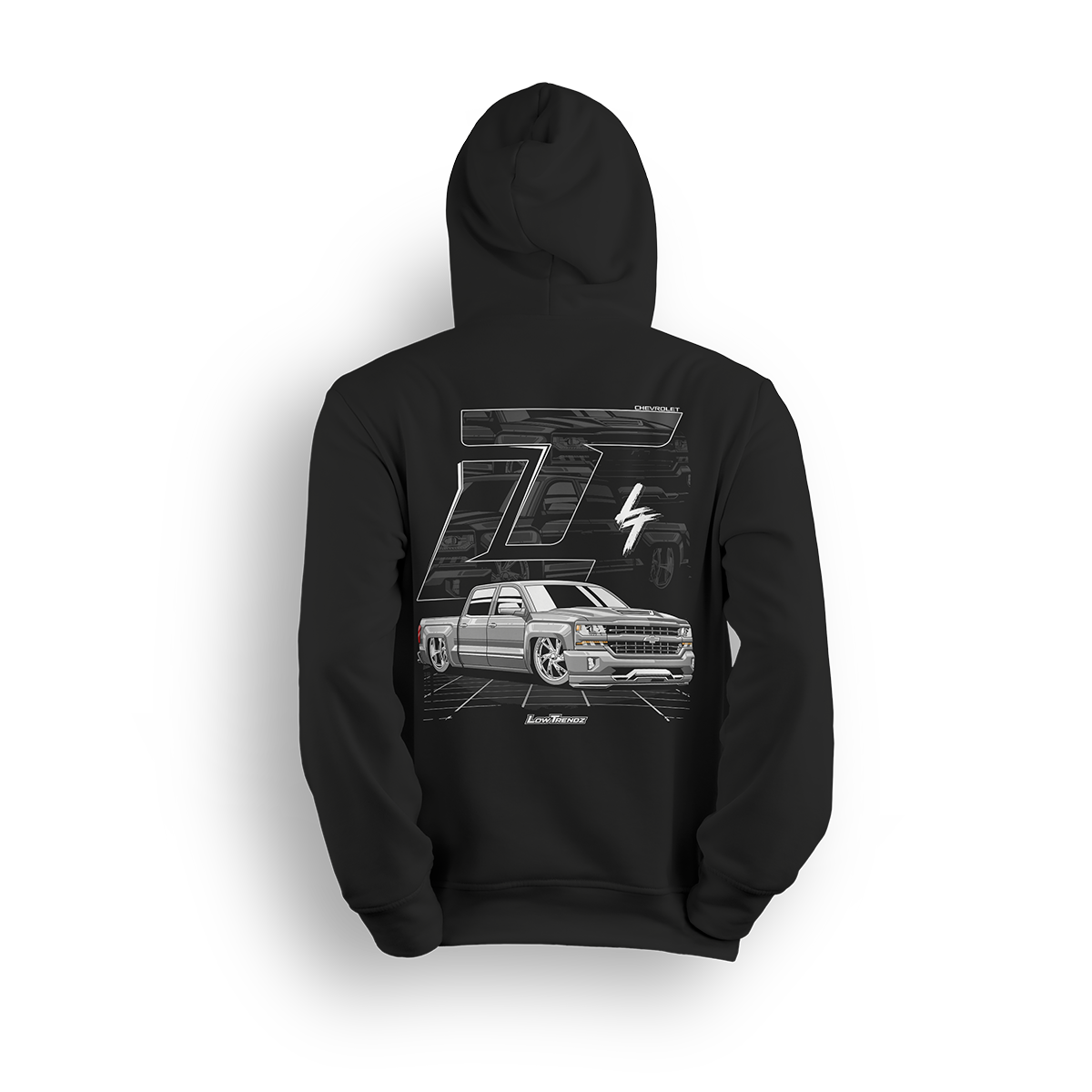 Hoodie featuring a slammed K2 Chevy Silverado crew cab with a clean white finish, aggressive stance, and oversized LT branding. Set in a sharp grayscale layout with subtle reflections, the K2 Slammed hoodie delivers pure street style for clean build enthusiasts.
