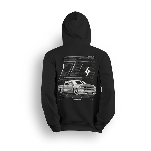 Hoodie featuring a slammed K2 Chevy Silverado crew cab with a clean white finish, aggressive stance, and oversized LT branding. Set in a sharp grayscale layout with subtle reflections, the K2 Slammed hoodie delivers pure street style for clean build enthusiasts.