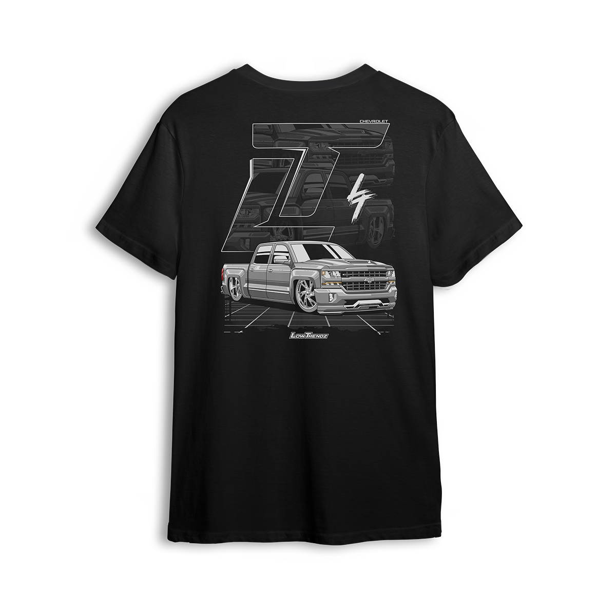 T-shirt featuring a slammed K2 Chevy Silverado crew cab with a clean white finish, aggressive stance, and oversized LT branding. Set in a sharp grayscale layout with subtle reflections, the K2 Slammed t-shirt delivers pure street style for clean build enthusiasts.