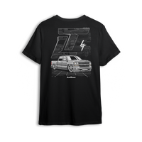 T-shirt featuring a slammed K2 Chevy Silverado crew cab with a clean white finish, aggressive stance, and oversized LT branding. Set in a sharp grayscale layout with subtle reflections, the K2 Slammed t-shirt delivers pure street style for clean build enthusiasts.
