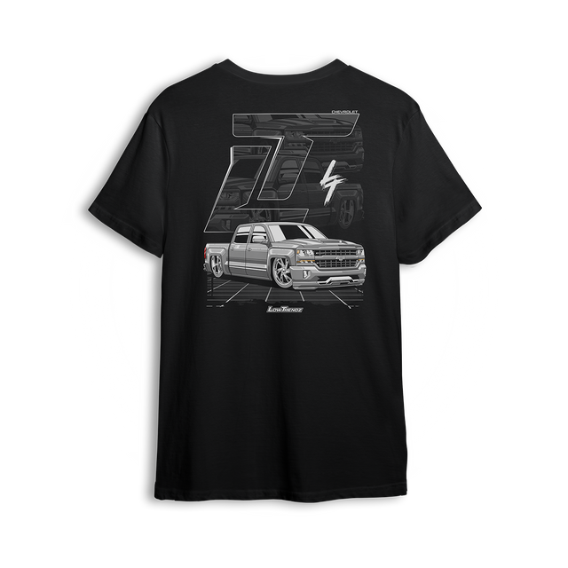 T-shirt featuring a slammed K2 Chevy Silverado crew cab with a clean white finish, aggressive stance, and oversized LT branding. Set in a sharp grayscale layout with subtle reflections, the K2 Slammed t-shirt delivers pure street style for clean build enthusiasts.