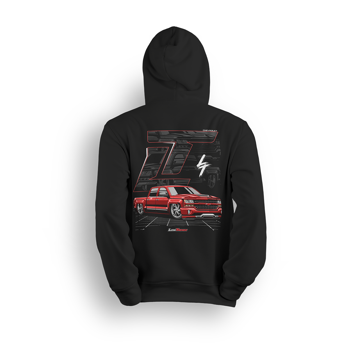 Hoodie featuring a slammed K2 Chevy Silverado crew cab with a clean red finish, aggressive stance, and oversized LT branding. Set in a sharp grayscale layout with subtle reflections, the K2 Slammed hoodie delivers pure street style for clean build enthusiasts.